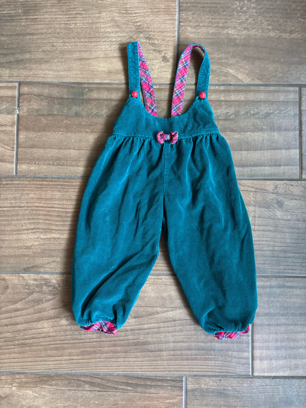 Vintage Kids Teal Corduroy Overalls Romper Plaid Trim Red Buttons 80s 90s